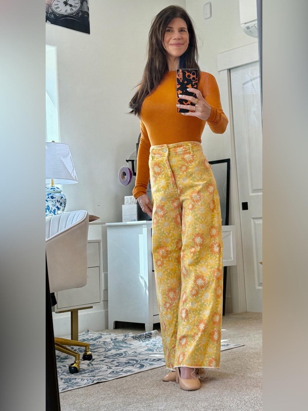 Zara floral print wide leg jeans retro 70’s yellow orange raw hem.